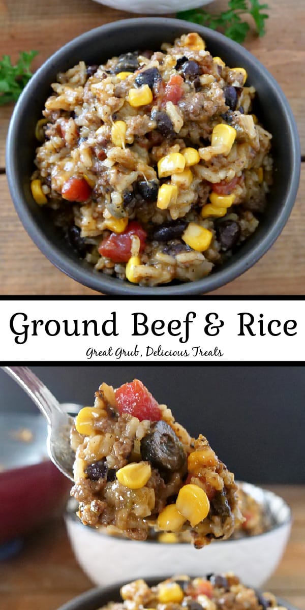 A double picture of Ground Beef and Rice with the title in middle.