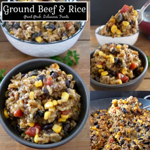 A three picture collage of Ground Beef and Rice with the title in the top left corner.