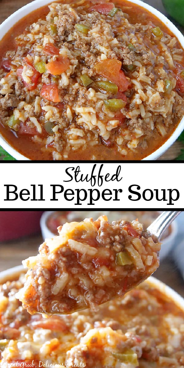 A double collage photo of stuffed bell pepper soup in a white bowl with the title between both photos.