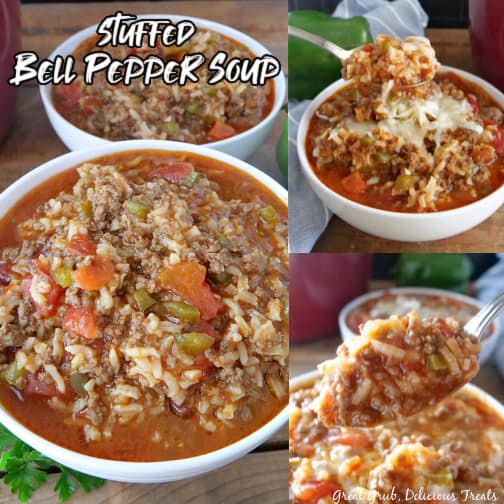 A three photo collage of stuffed pepper soup in white bowls.
