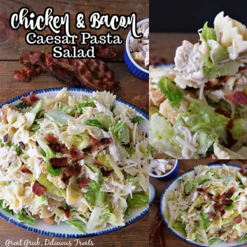 A three photo collage of a Caesar pasta salad with chicken, bacon, bow tie pasta and croutons.