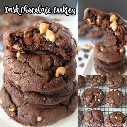 A three picture collage of dark chocolate cookies with the title in the top left corner.