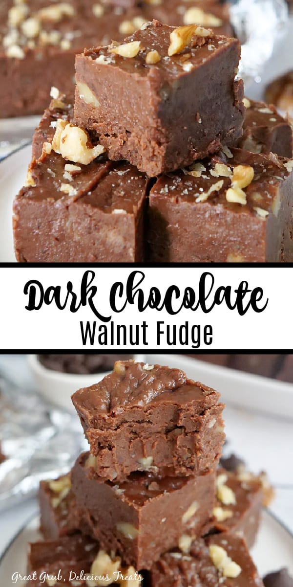 A double collage photo of dark chocolate fudge.