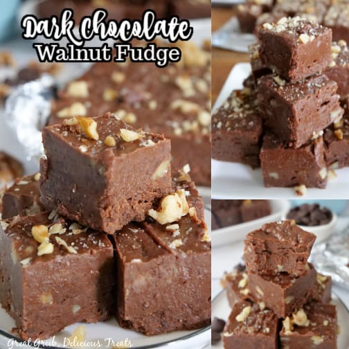 A three collage photo of piece of chocolate fudge on a white plate.