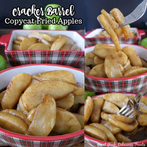A three photo collage of fried apples in two bowls and two of the pics have bites on a fork.