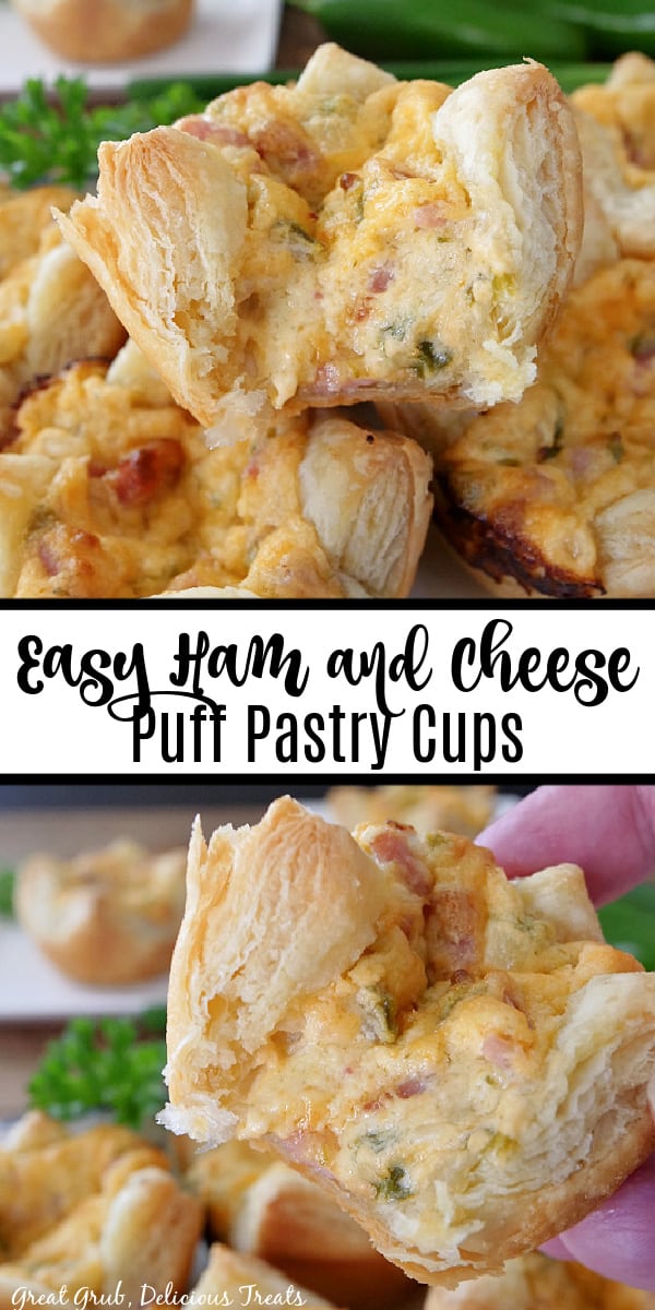 A two photo collage of ham and cheese puff pastries.