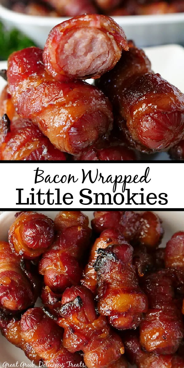 A double collage photo of bacon wrapped little smokies in a white bowl and the title of the recipe is in the center of the two photos.