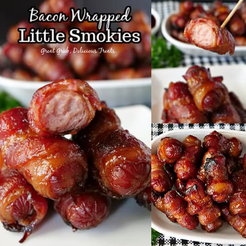 A three collage photo of a stack of little smokies on a white and in a white bowl and the title of the recipe up in the left corner.