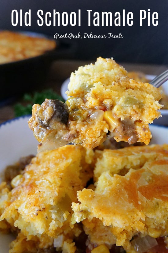 Tamale pie on a spoon with the title at the top.