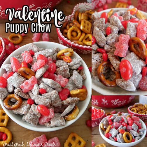 A three collage photo of Valentine Puppy Chow snack mix.