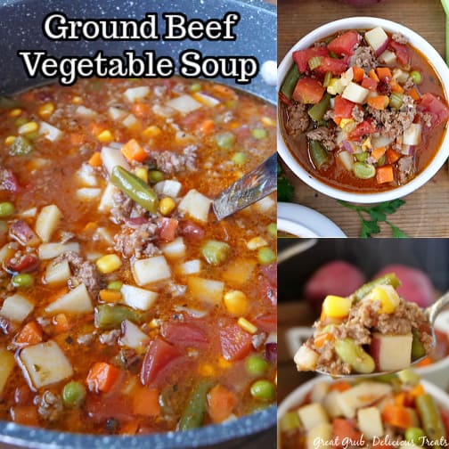 A three photo collage of vegetable soup in a pot, in a white bowl, and a bite on a spoon.
