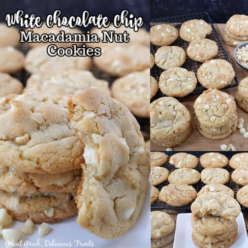 A three photo collage of cookies lined up on a wire rack, on top of a wood cutting board, with white chocolate chips sprinkled around, and cookies stacked up on a square white plate.
