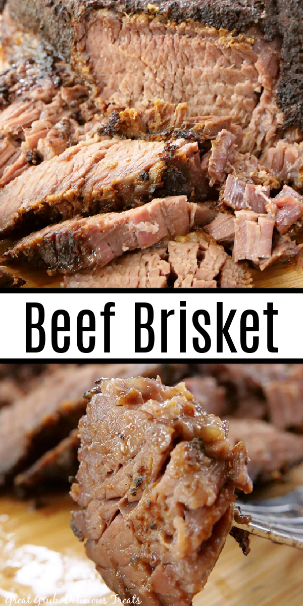 A double collage photo of beef brisket with the title of the recipe in the center of the photo.