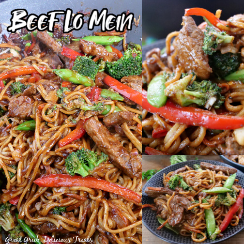 A three photo collage of beef lo mein with tender beef, fresh veggies, and a homemade sauce.