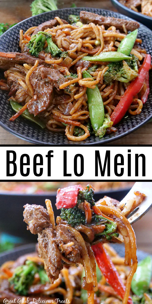 A double pin of beef lo mein with a bite on a fork.