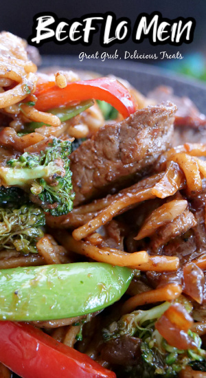 A close up photo of lo mein noodles with tender beef, and sliced veggies.