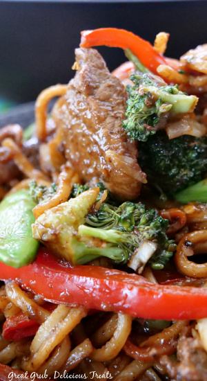 Slender sliced beef with fresh vegetables and coated in a homemade sauce. 