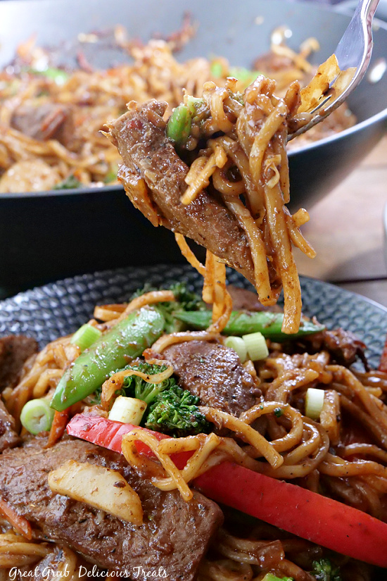 Beef lo mein coated in a homemade sauce, veggies, and tender beef slices.