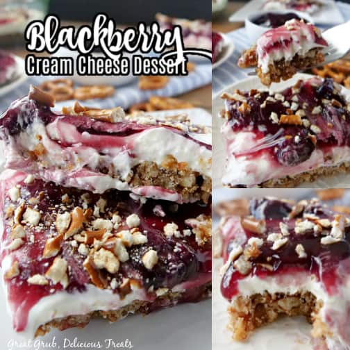 A three collage photo of blackberry cream cheese dessert.