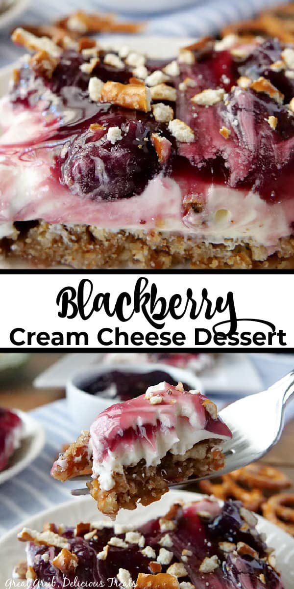 A double collage photo with a blackberry dessert on a white plate with the title of the recipe in the center of the two pictures.