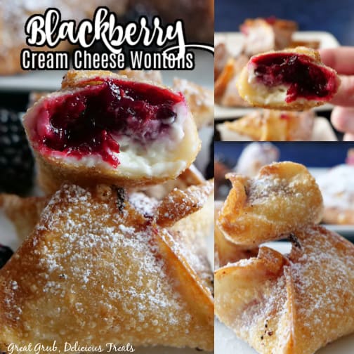 A three photo collage of blackberry wontons on a white plate.