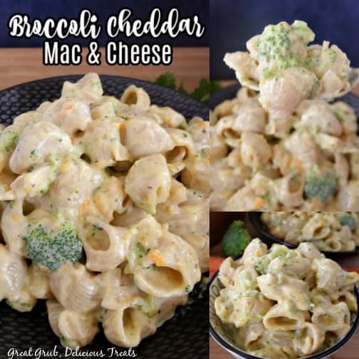 A three photo collage of mac and cheese in a black bowl with broccoli in the background for decoration.