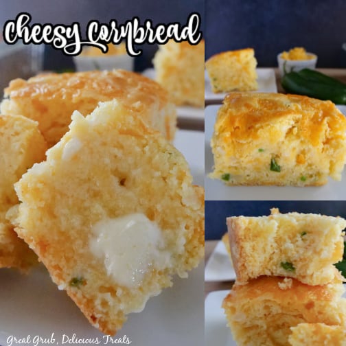 A three photo collage of cheesy cornbread on a white plate with jalapeno and shredded cheddar cheese in the background. 