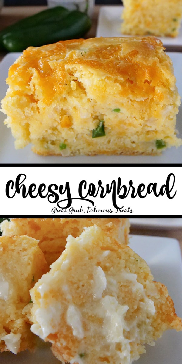 A double photo collage of cheesy cornbread that is loaded with diced jalapenos and lathered in butter.
