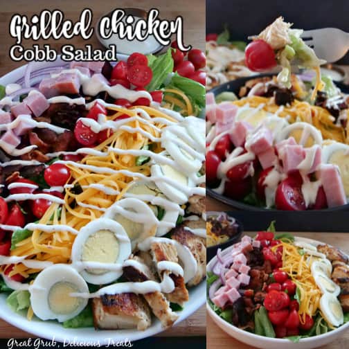 A three photo collage of cobb salad in a white bowl, drizzled with ranch dressing, and topped with all the best toppings!