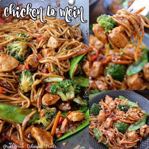 A three photo collage of chicken le mein with broccoli, carrots, chicken, snow peas, all tossed in a sauce.