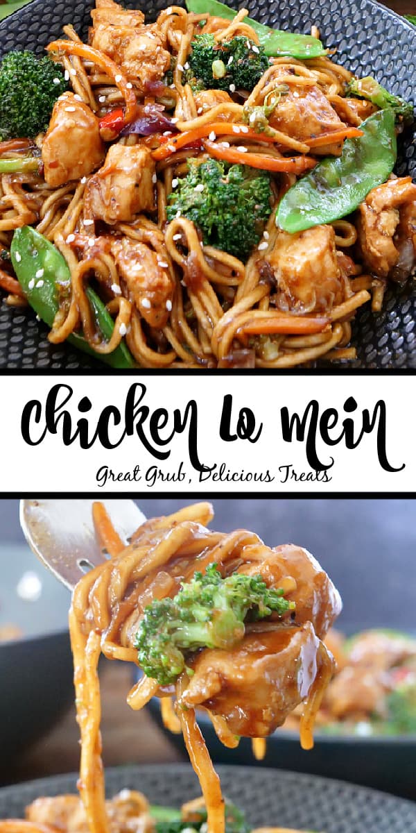 A double photo collage of chicken le mein in a black bowl and a bite on a fork.