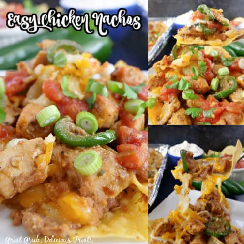 A three photo collage of loaded chicken nachos.