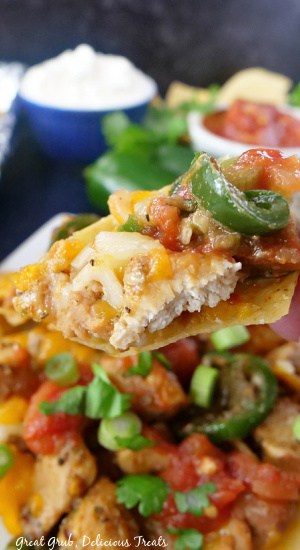 A close up of a chicken nacho. 