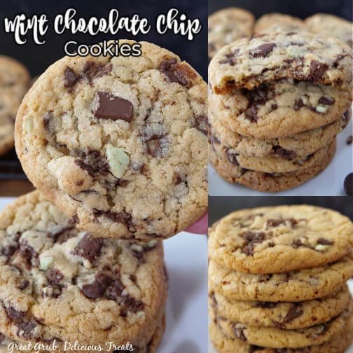 A three photo collage of mint chocolate chip cookies and the title at the top of the photo.