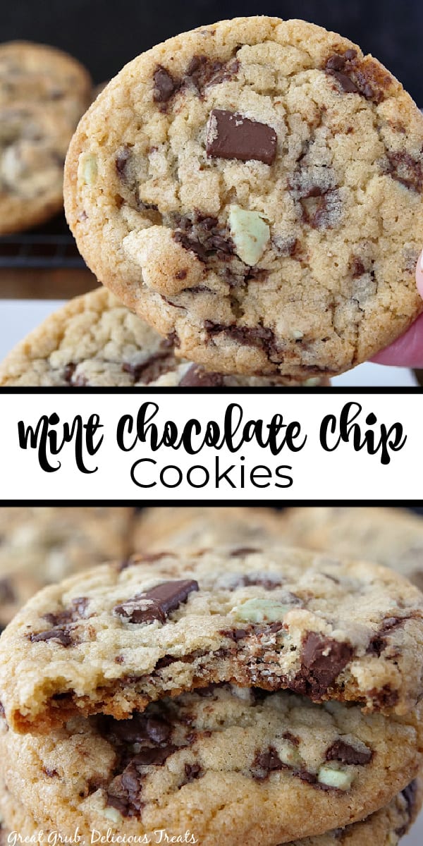A double collage photo of mint chocolate chip cookies with the title of the recipe in the center of the two pictures.