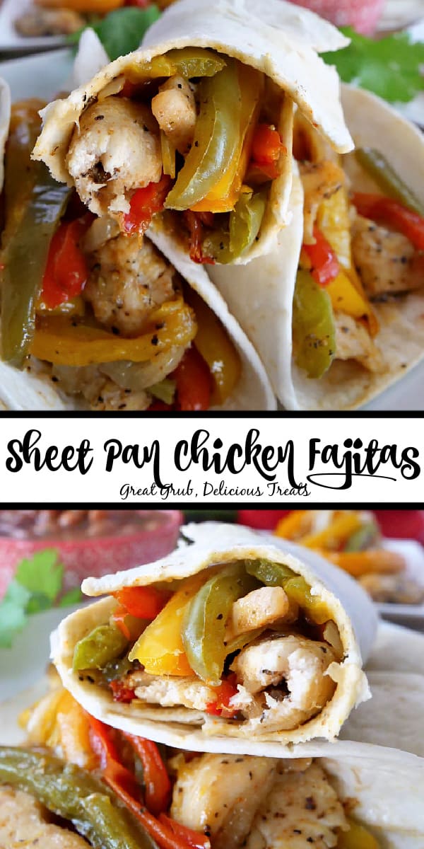 A double photo collage of sheet pan chicken fajitas on a white plate. 