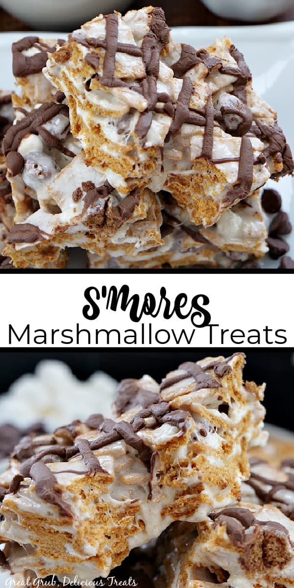 A double collage photo of S'mores Marshmallow Treats with the title of the recipe in the center of the two photos.