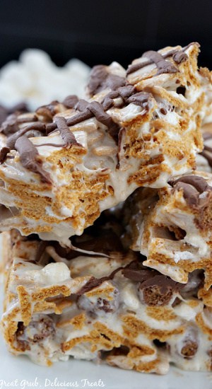 A close up photo of a couple S'mores Marshmallow treats on a white plate.