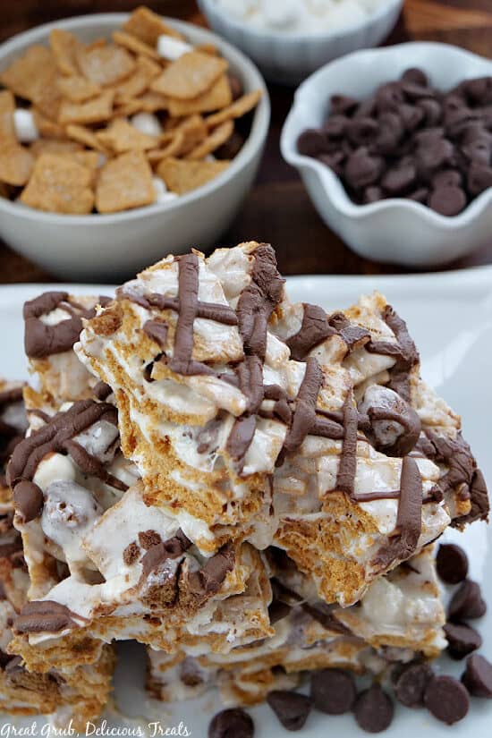 A white plate with a stack of S'mores Treats on it.