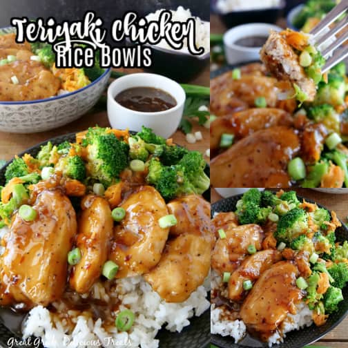 A three picture collage of Teriyaki Chicken Rice Bowls with the title at the top left corner.