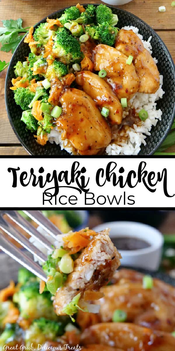 A double picture of Teriyaki Chicken Rice Bowls with the title in the middle.