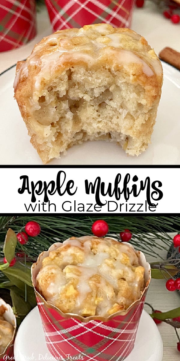 A double photo collage of apple muffins with glaze sitting on white plates.