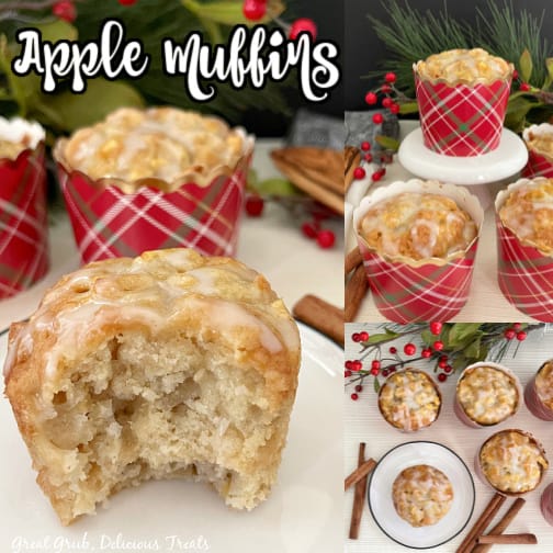 A three photo collage of apple muffins in red plaid muffin liners with cinnamon sticks surrounding them.