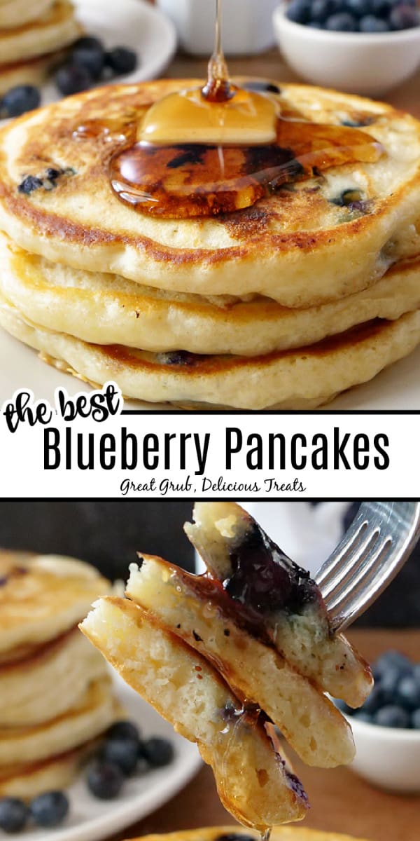 A double photo collage of blueberry pancakes on a white plate with butter and syrup.
