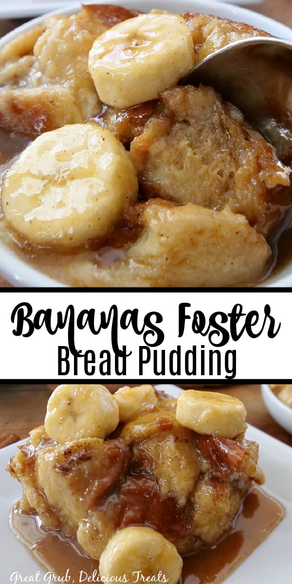 A double photo collage of a bite of bread pudding being scooped out of a bowl and a serving on a plate.