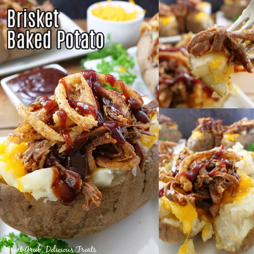 A three photo collage of BBQ brisket baked potatoes. 