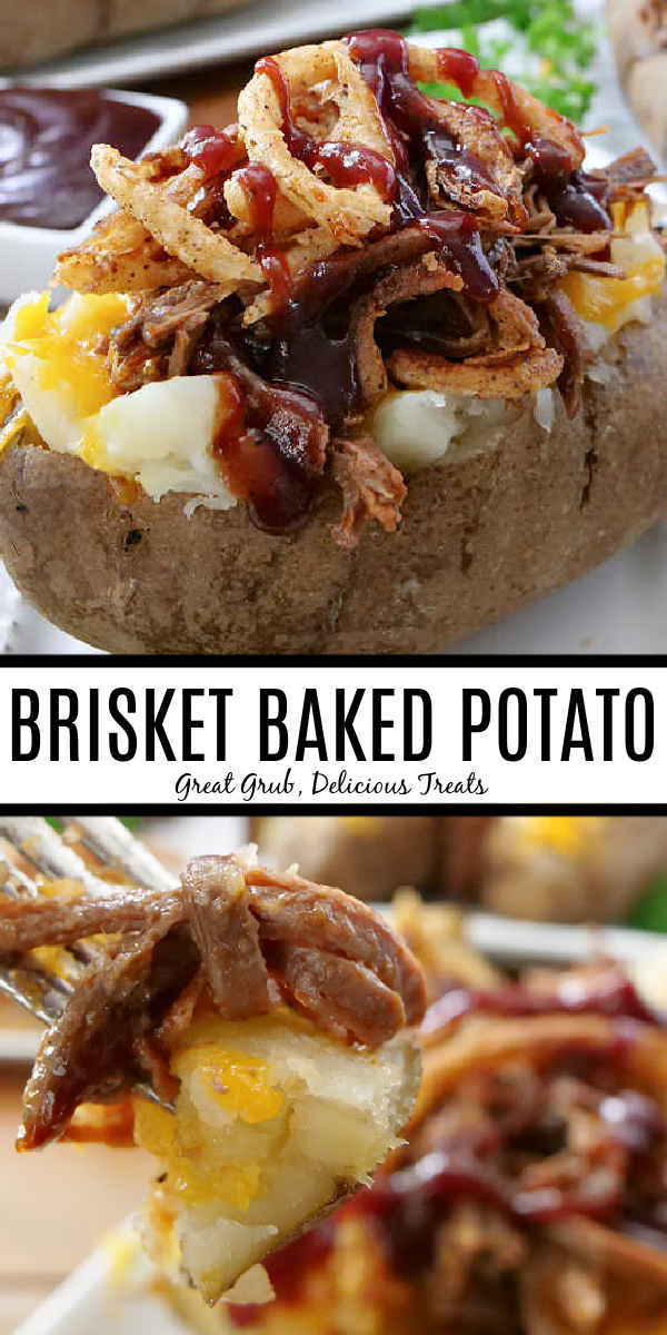 A double photo collage of a baked potato topped with brisket, BBQ sauce, cheese, and onion strings.