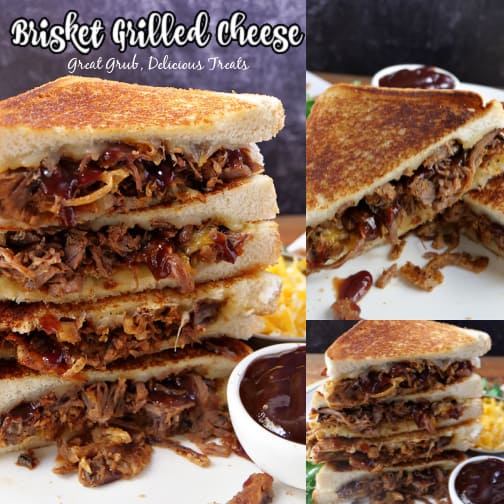 A three photo collage of two brisket grilled cheese sandwiches.