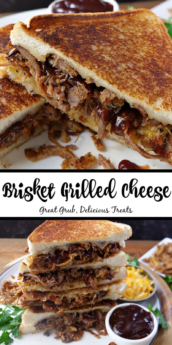 A double picture of brisket grilled cheese with the title in the middle.