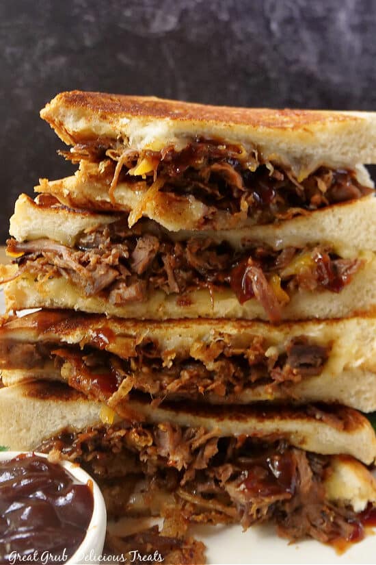 A close-up picture of brisket grilled cheese.